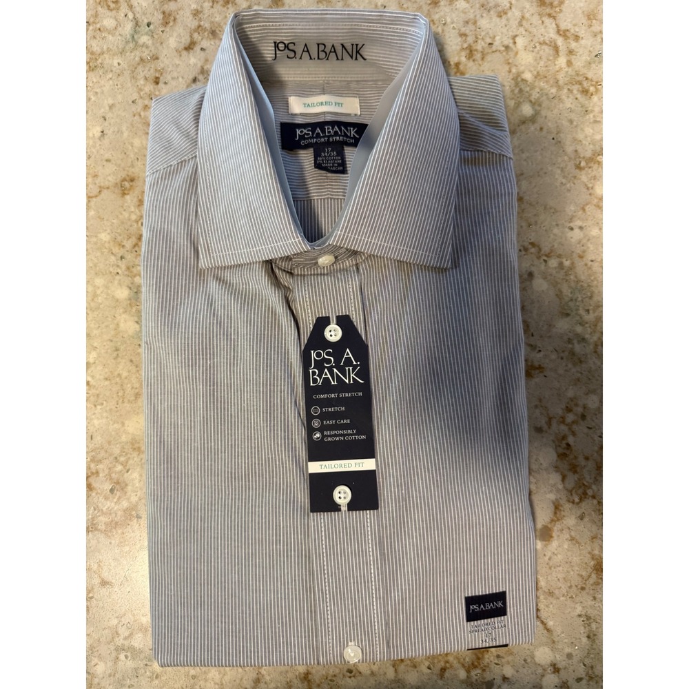 Jos A Bank Comfort Stretch Dress Shirt Grey White Stripe Tailored Fit 17 34/35